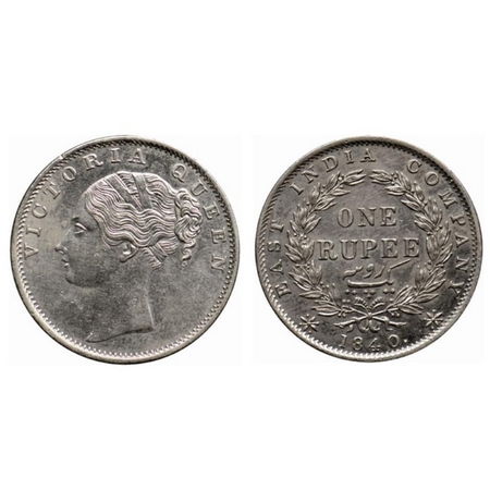 Victoria Queen, Silver Rupee, 1840, Continuous Legend, Bombay Mint, C/VI, English head wit