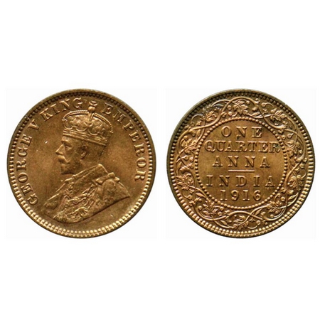 George V, Bronze Quarter Anna, 1916, Calcutta Mint. GK 1175. Uncirculated. Scarce.