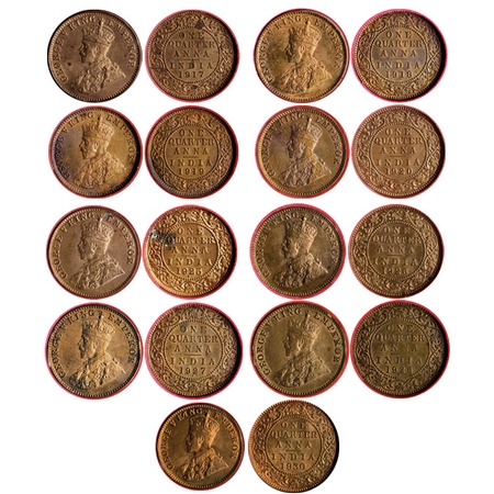George V, Bronze Quarter Anna (9 Coins), NGS Slabbed, 1917 Cal(MS 61+), 1918 Cal(MS 62+), 