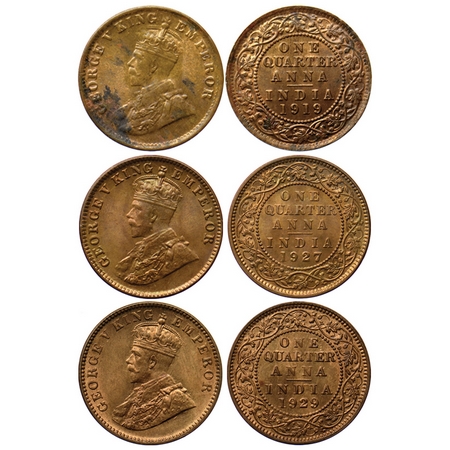 George V, Bronze Quarter Anna (3 Coins), 1919/1927/1929 Calcutta Mint, 1929 has complete g