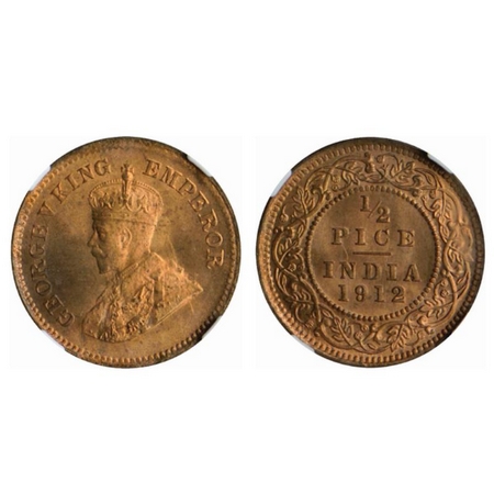 George V, Bronze ½ Pice, 1912, Calcutta Mint. GK 1198. NGC Slabbed MS 64, Very Rare.