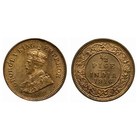 George V, Bronze ½ Pice, 1916, Calcutta Mint. GK 1202. Uncirculated. Scarce.