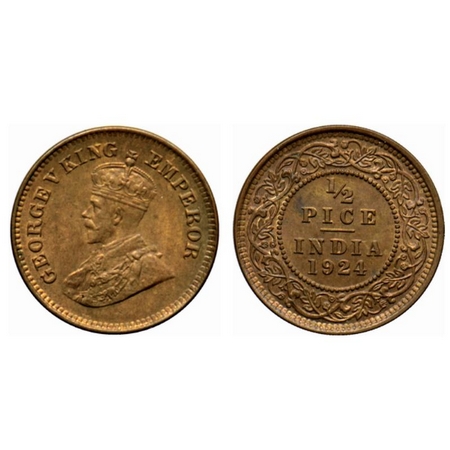 George V, Bronze ½ Pice, 1924, Calcutta Mint, Ghost on Reverse. GK 1210. About Uncirculate