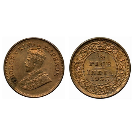 George V, Bronze ½ Pice, 1933, Calcutta Mint. GK 1193. Almost Uncirculated, Scarce.