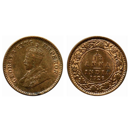 George V, Bronze 1/12 Annas, 1926 Calcutta Mint. GK 1240. Uncirculated. Rare.