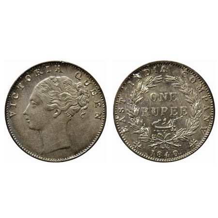 Victoria Queen, Silver Rupee, 1840, Continous Legend, Calcutta Mint, D/VI, 35 Berries, Tin