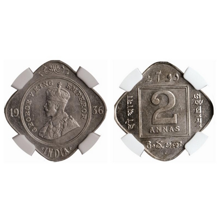 George V, Copper Nickel 2 Annas, 1936, Bombay Mint. GK 1140. NGC Slabbed, AU 58, Scarce.