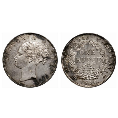 Victoria Queen, Silver Rupee, 1840, Continuous Legend, Bombay Mint, A/I. with bud leaves. 