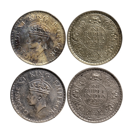 George VI, Silver Rupee (2 Coins), 1938, Bombay Mint, Type II, with and without dot. GK 12