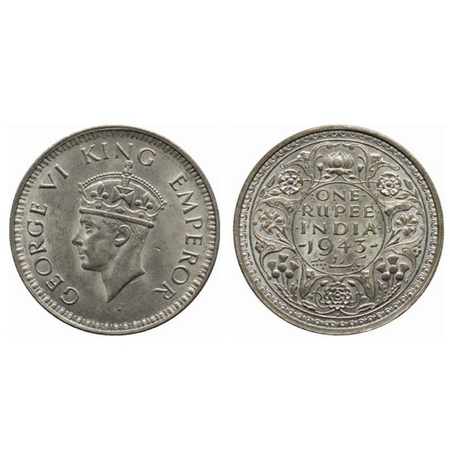 George VI, Half Silver, Rupee, 1943, Bombay Mint, B(a)/II, small 3, large head. GK 1265. E