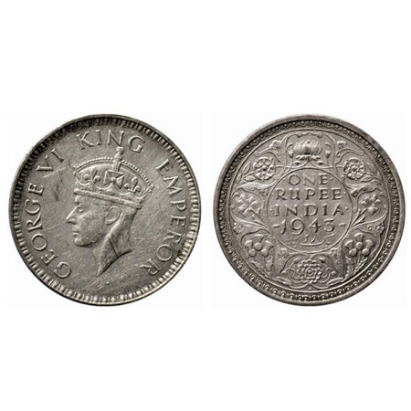 George VI, Half Silver, Rupee, 1943, Bombay Mint, B(a)/II, small 3, large head. GK 1265. V