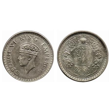 George VI, Half Silver, Rupee, 1943, Bombay Mint, A(b)/III, large head, large 3, security 