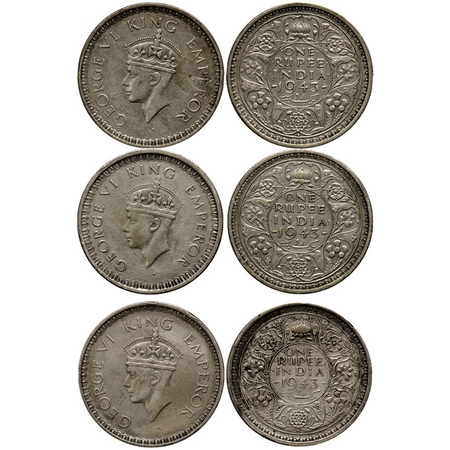 George VI, Half Silver, Rupee (3 Coins), 1943, Bombay Mint, [1] C/III, Large 3, Small Head