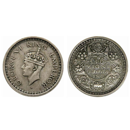 George VI, Half Silver, Rupee, 1945, Bombay Mint, D/II, normal 5, dot, security edge. Reve