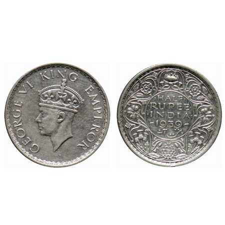 George VI, Silver ½ Rupee, 1939, Bombay Mint, Type II, A(a)/I, dot, Milled edge. GK 1296. 