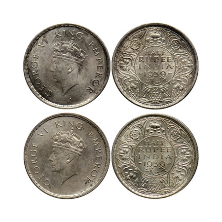 George VI, Silver ½ Rupee (2 Coins), 1939, Bombay Mint, Head Type I, A/I, dot, Calcutta Mi