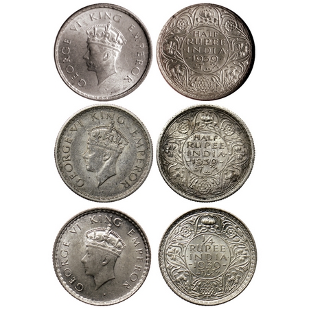 George VI, Silver ½ Rupee (3 Coins) , 1939 Bombay / Type I, (NGS Slabbed MS 60), ½ Rupee, 