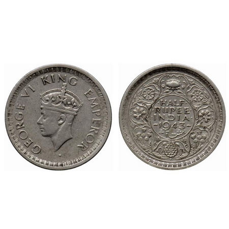 George VI, Half Silver ½ Rupee, 1943, Bombay Mint, B/III, Diamond, Security edge. GK 1306.