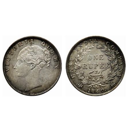 Victoria Queen, Silver Rupee, 1840, Continous Legend, Bombay Mint, C/VI, 35 Berries, Tiny 