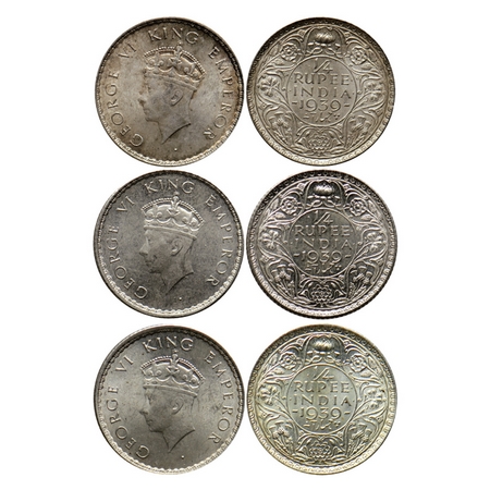 George VI, Silver ¼ Rupee (3 Coins), 1939 Bombay Mint Type I. GK 1323. Almost Uncirculated
