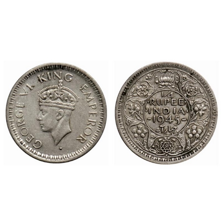 George VI, Half Silver, ¼ Rupee, 1945, Bombay Mint, Type II, Large 5, Security edge. GK 13