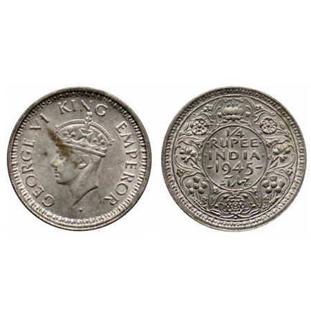 George VI, Half Silver, ¼ Rupee, 1945, Bombay Mint, Type II, Large 5, Security edge. GK 13