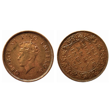 George VI, Bronze Quarter Anna, 1939, Bombay Mint, Type I. Error, 2'o clock rotation. GK 1