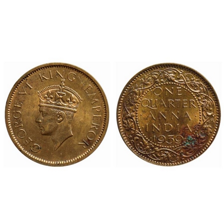 George VI, Bronze Quarter Anna, 1939, Calcutta Mint, Type II. GK 1424. Extremely Fine + De
