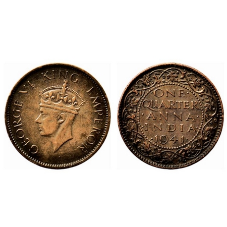 George VI, Bronze Quarter Anna, 1941, Bombay Mint, Type II, dot below numeral 4 of year da