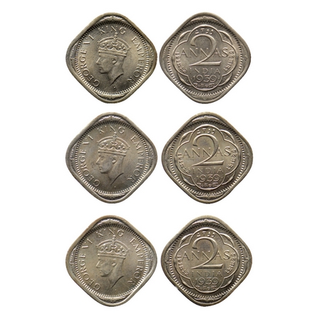 George VI, Copper Nickel 2 Annas (3 Coins), Bombay Mint 1939, Type II. GK 1348. Almost Unc