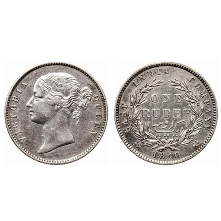 Victoria Queen, Silver Rupee, 1840, Mule, Divided Legend, Calcutta Mint, W.W. raised, 25 b