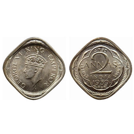 George VI, Copper Nickel 2 Annas, 1939 Bombay Mint, Type II, dots by year. GK 1349. Almost