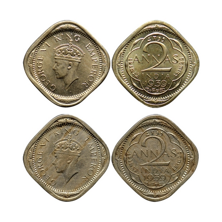 George VI, Copper Nickel 2 Annas (2 Coins), 1939 Bombay Mint, Type II, dots by year. 1939 