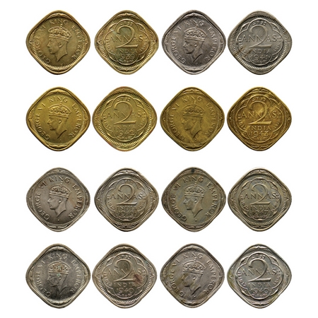 George VI, Copper Nickel 2 Annas (8 Coins), Calcutta Mint 1939 Type I/1940 no dots by year
