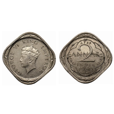 George VI, Copper Nickel 2 Annas, 1939, Calcutta Mint, Type I, no dot by year. GK 1350. Ex
