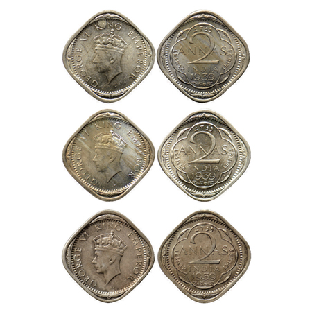 George VI, Copper Nickel 2 Annas (3 Coins), Calcutta Mint 1939, Type I. GK 1350. Almost Un