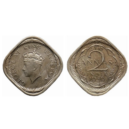 George VI, Copper Nickel 2 Annas, 1939, Calcutta Mint, Type I, no dot by year. GK 1350. Ve