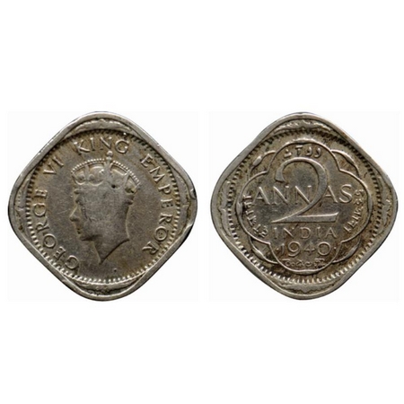 George VI, Copper Nickel 2 Annas, 1940 Bombay Mint, Type I, dots by year. GK 1352. Fine+. 