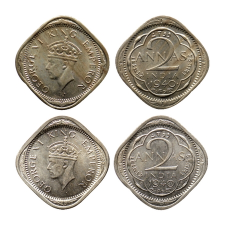George VI, Copper Nickel 2 Annas (2 Coins), Bombay & Calcutta Mint 1940, Head Type II. GK 