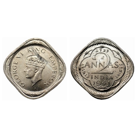 George VI, Copper Nickel 2 Annas, 1941, Calcutta Mint, Type II, Planchet flaw on Reverse. 