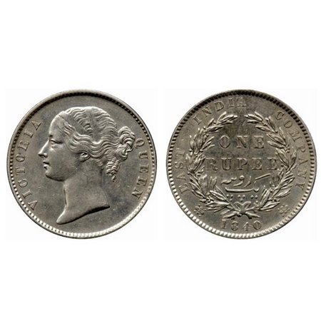 Victoria Queen, Silver Rupee, 1840, Divided Legend, Calcutta Mint, W.W. raised, 27 Berries
