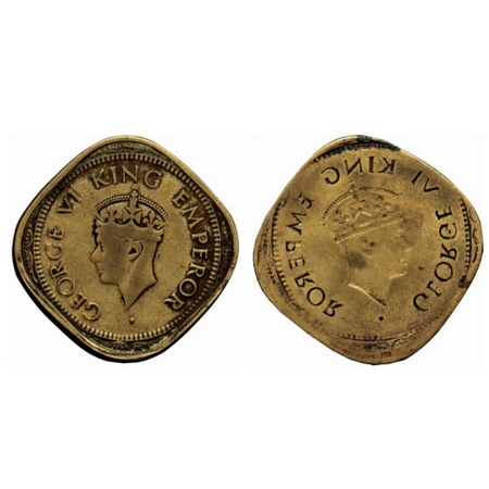 George VI, Brass Nickel 2 Annas, Head, Type II, Obverse Brokage / Lakhi, slight die shift.