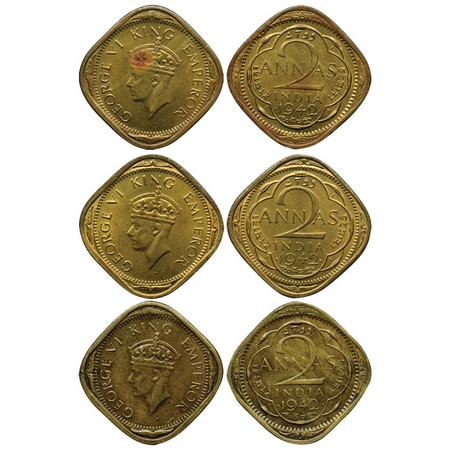 George VI, Brass Nickel 2 Annas (3 Coins), 1942, Bombay Mint, Head type II, dots by year, 