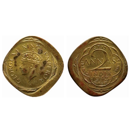 George VI, Brass Nickel 2 Annas, 1943, Bombay Mint, Type II, dot by year, die shift Error.