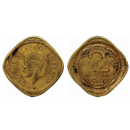 George VI, Brass Nickel 2 Annas, 1943, Bombay Mint, Type II, dots by year, large numaral 3