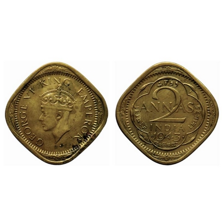 George VI, Brass Nickel 2 Annas, 1943, Bombay Mint, Type II, dots by year, large numeral 3