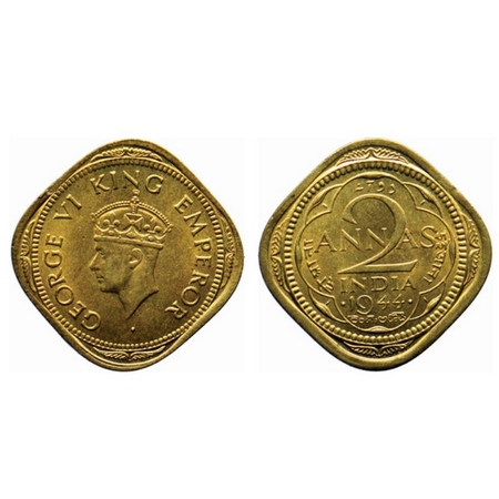 George VI, Brass Nickel 2 Annas, Bombay Mint 1944, Type II, small numerals '44/S' in Annas