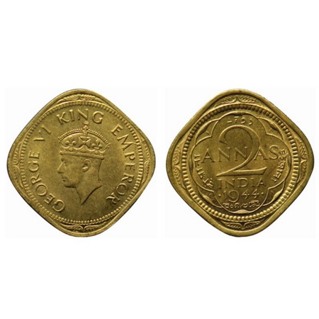George VI, Brass Nickel 2 Annas, 1944, Bombay Mint, Type II, dots by year. Small numerals 
