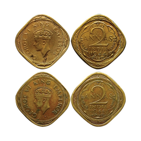 George VI, Brass Nickel 2 Annas (2 Coins), 1944 Bombay Mint, Type II, dots by year. Large 