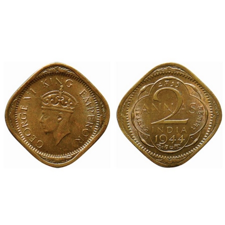 George VI, Brass Nickel 2 Annas, 1944 Lahore Mint, Type II, no dots by year. L raised in t